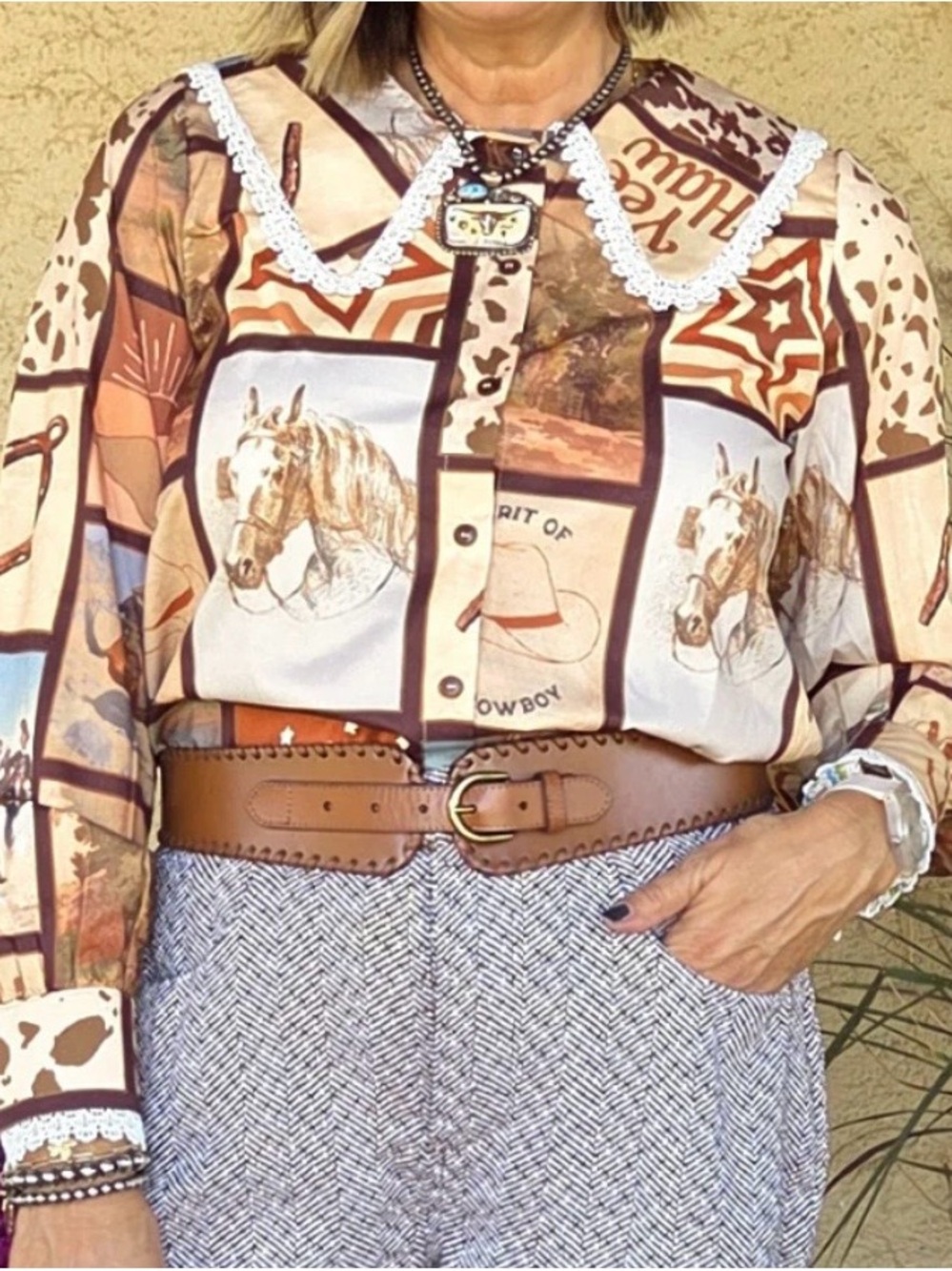 Western Patchwork Horse Print Blouse in Brown and Cream